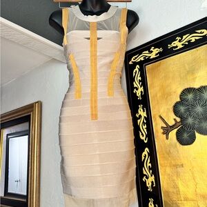 Herve Leger Beige and Gold Bandage Dress.
